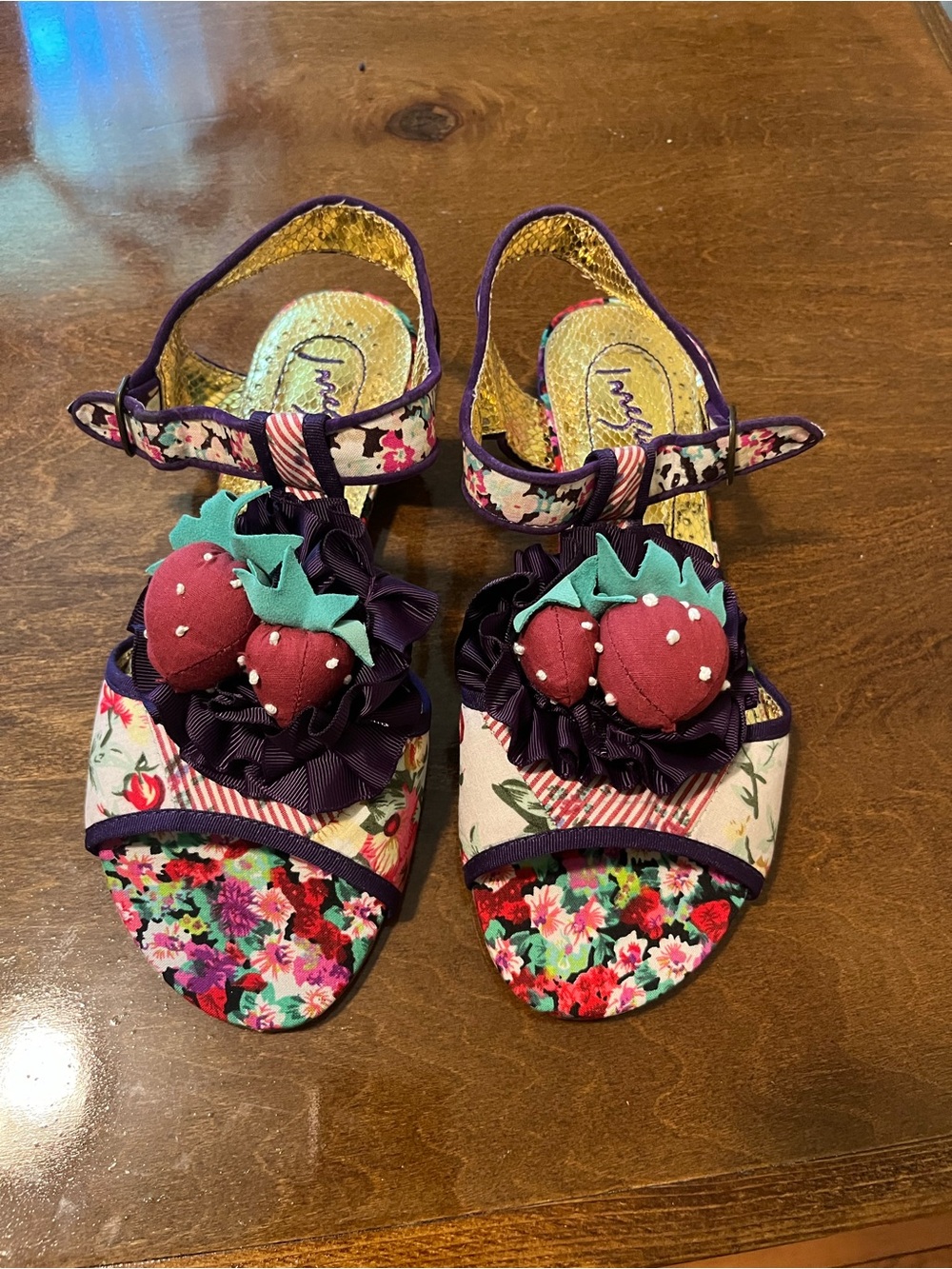 Irregular Choice Floral Purple Sandals with Strawberry Embellishments